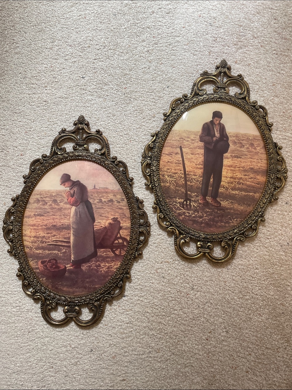 Vintage Brass-Tone Framed Farm Couple The Angelus Wall Art in Muted Earth Tones